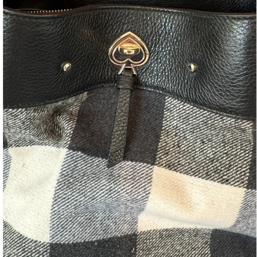Kate Spade Marti Large Bucket Bag Buffalo Plaid Pebbled Leather Black White